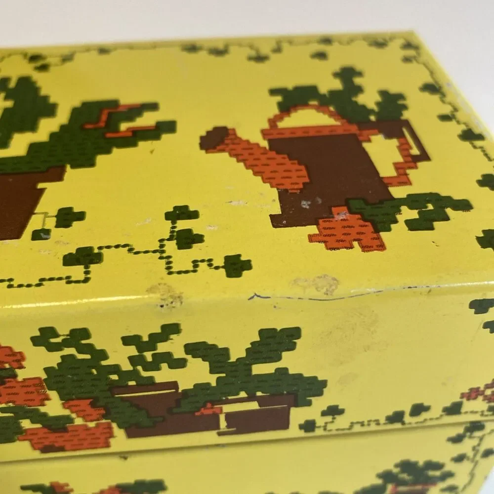 Vintage CROSS STITCH Themed Metal Recipe Box Floral Cactus Syndicate MFG Empty